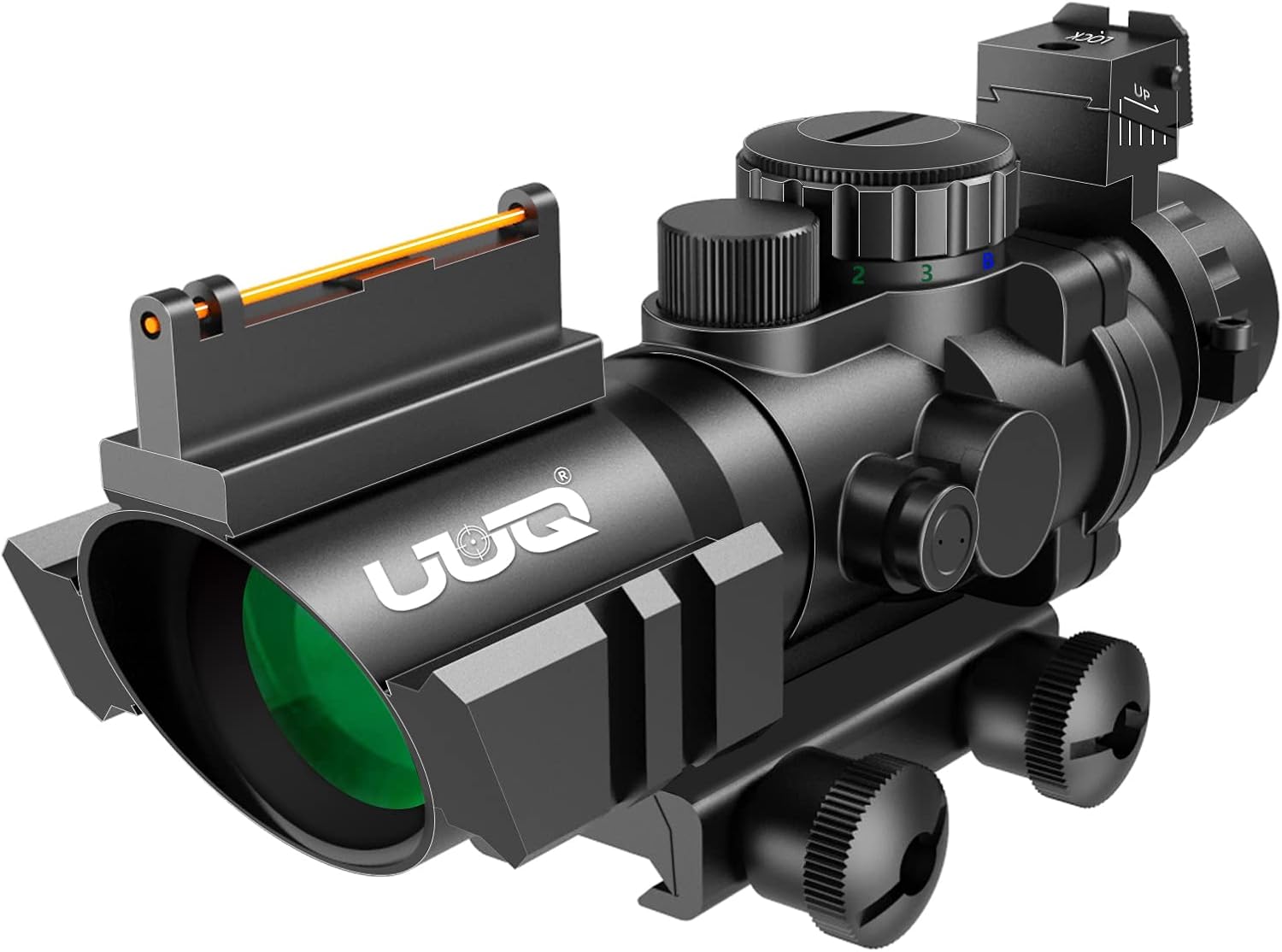 UUQ Prism 4x32 Red/Green/Blue Triple Illuminated Rapid Range Reticle Rifle Scope W/Top Fiber Optic Sight and Weaver Slots BDC Reticle