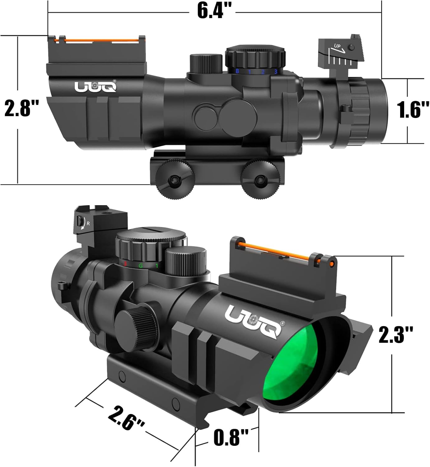 UUQ Prism 4x32 Red/Green/Blue Triple Illuminated Rapid Range Reticle Rifle Scope W/Top Fiber Optic Sight and Weaver Slots BDC Reticle