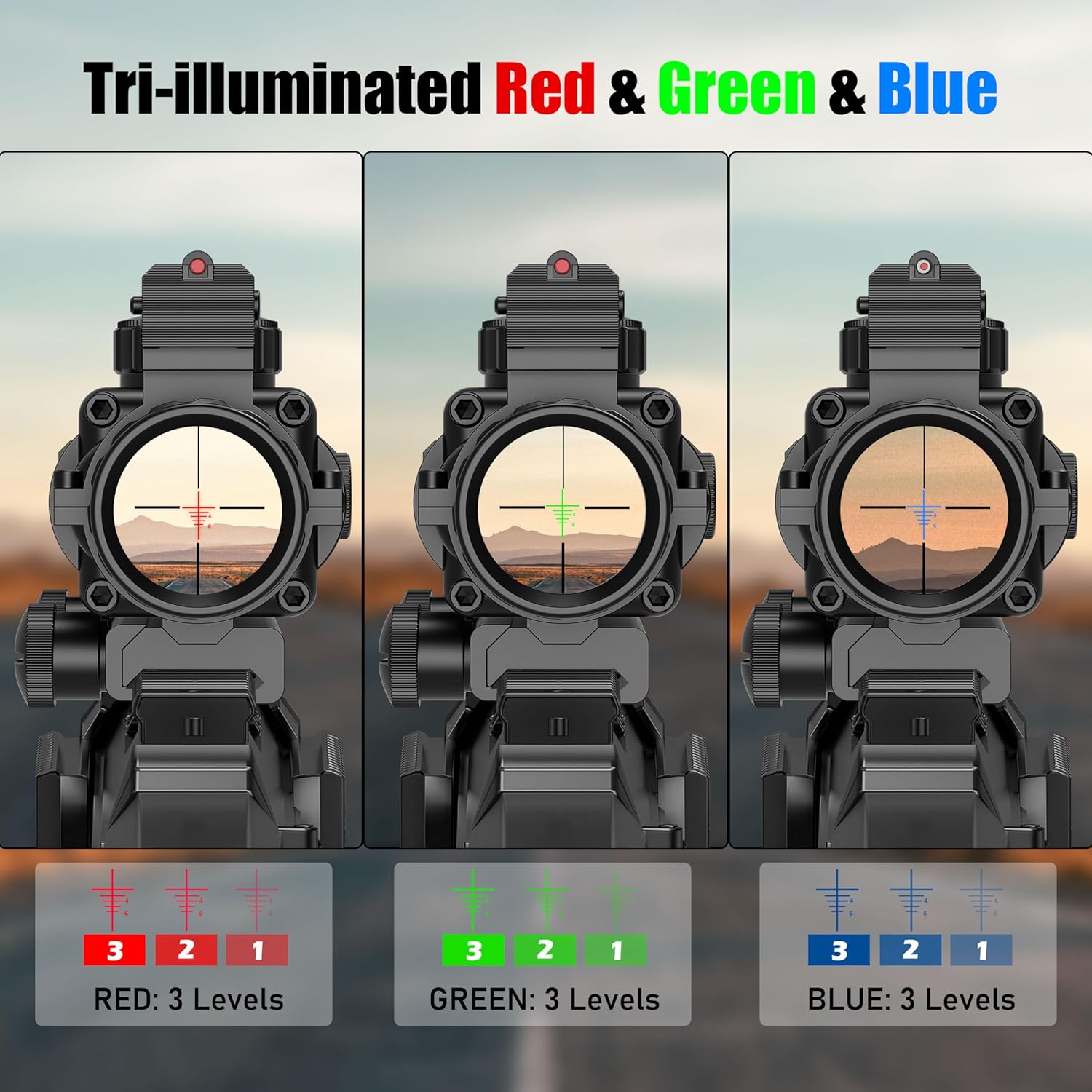UUQ Prism 4x32 Red/Green/Blue Triple Illuminated Rapid Range Reticle Rifle Scope W/Top Fiber Optic Sight and Weaver Slots BDC Reticle