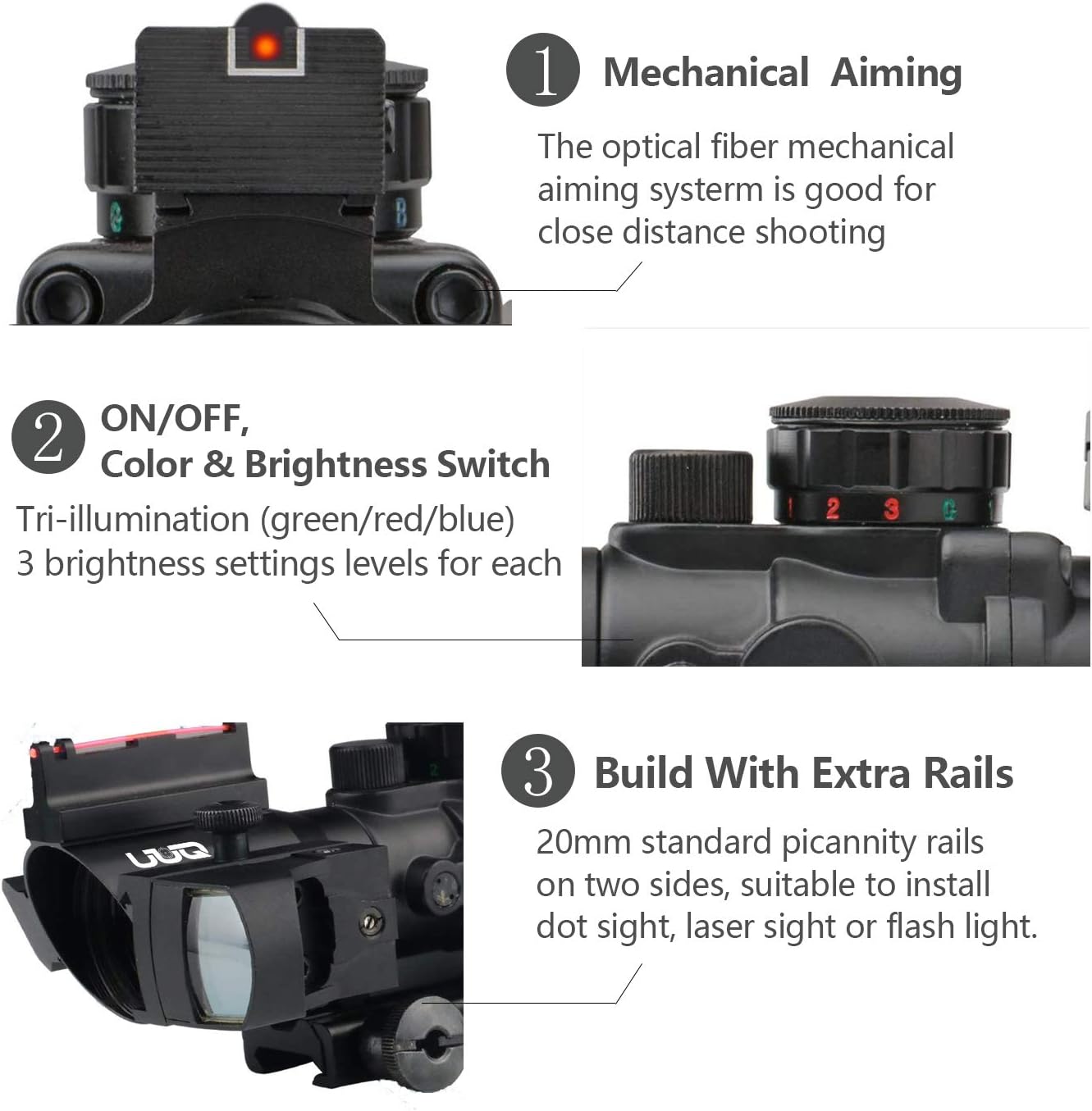 UUQ Prism 4x32 Red/Green/Blue Triple Illuminated Rapid Range Reticle Rifle Scope W/Top Fiber Optic Sight and Weaver Slots BDC Reticle