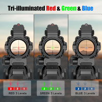 UUQ Prism 4x32 Red/Green/Blue Triple Illuminated Rapid Range Reticle Rifle Scope W/Top Fiber Optic Sight and Weaver Slots BDC Reticle