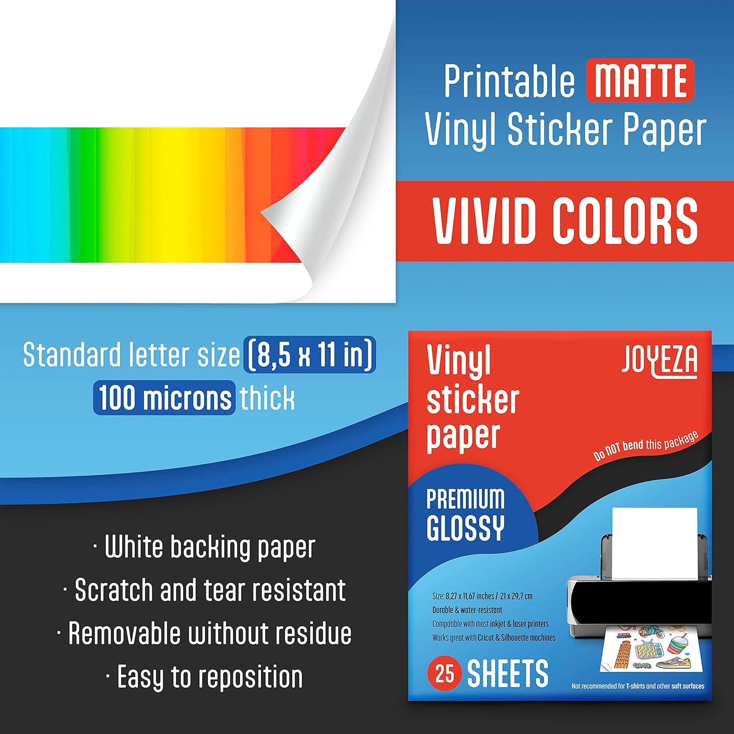 JOYEZA Premium Printable Vinyl Sticker Paper for Inkjet Printer - 25 Sheets Glossy White Waterproof, Dries Quickly Vivid Colors, Holds Ink Well - Inkjet & Laser Printer 25 Pack - Glossy
