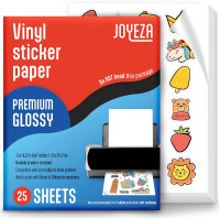 JOYEZA Premium Printable Vinyl Sticker Paper for Inkjet Printer - 25 Sheets Glossy White Waterproof, Dries Quickly Vivid Colors, Holds Ink Well - Inkjet & Laser Printer 25 Pack - Glossy
