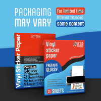 JOYEZA Premium Printable Vinyl Sticker Paper for Inkjet Printer - 25 Sheets Glossy White Waterproof, Dries Quickly Vivid Colors, Holds Ink Well - Inkjet & Laser Printer 25 Pack - Glossy