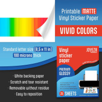 JOYEZA Premium Printable Vinyl Sticker Paper for Inkjet Printer - 25 Sheets Glossy White Waterproof, Dries Quickly Vivid Colors, Holds Ink Well - Inkjet & Laser Printer 25 Pack - Glossy