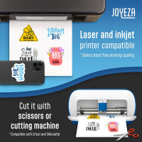JOYEZA Premium Printable Vinyl Sticker Paper for Inkjet Printer - 25 Sheets Glossy White Waterproof, Dries Quickly Vivid Colors, Holds Ink Well - Inkjet & Laser Printer 25 Pack - Glossy