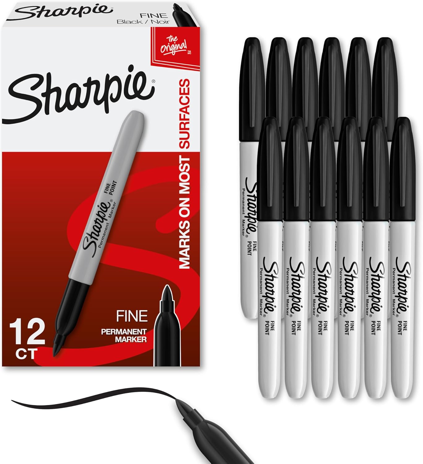 Sharpie Permanent Markers Set, Quick Drying And Fade Resistant Fine Point Marker For Wood, Plastic, Paper, Metal, And More, Drawing, Coloring, And Poster Marker , Black, 12 Count