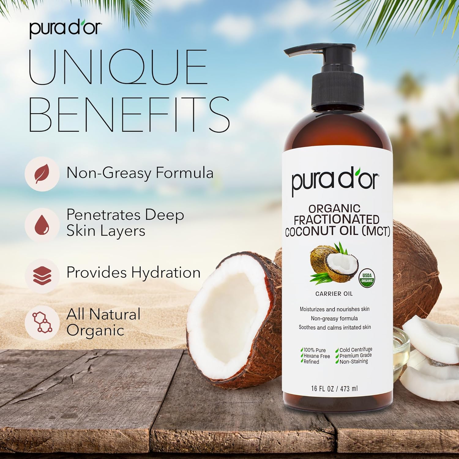 PURA D'OR 16 Oz ORGANIC Fractionated Coconut Oil – USDA Certified – MCT Oil – Therapeutic, Hydrating, Lightweight Moisturizer – Hexane Free Carrier Oil For Essential Oils & Massage – Face, Hair & Body 16 Fl Oz (Pack of 1)