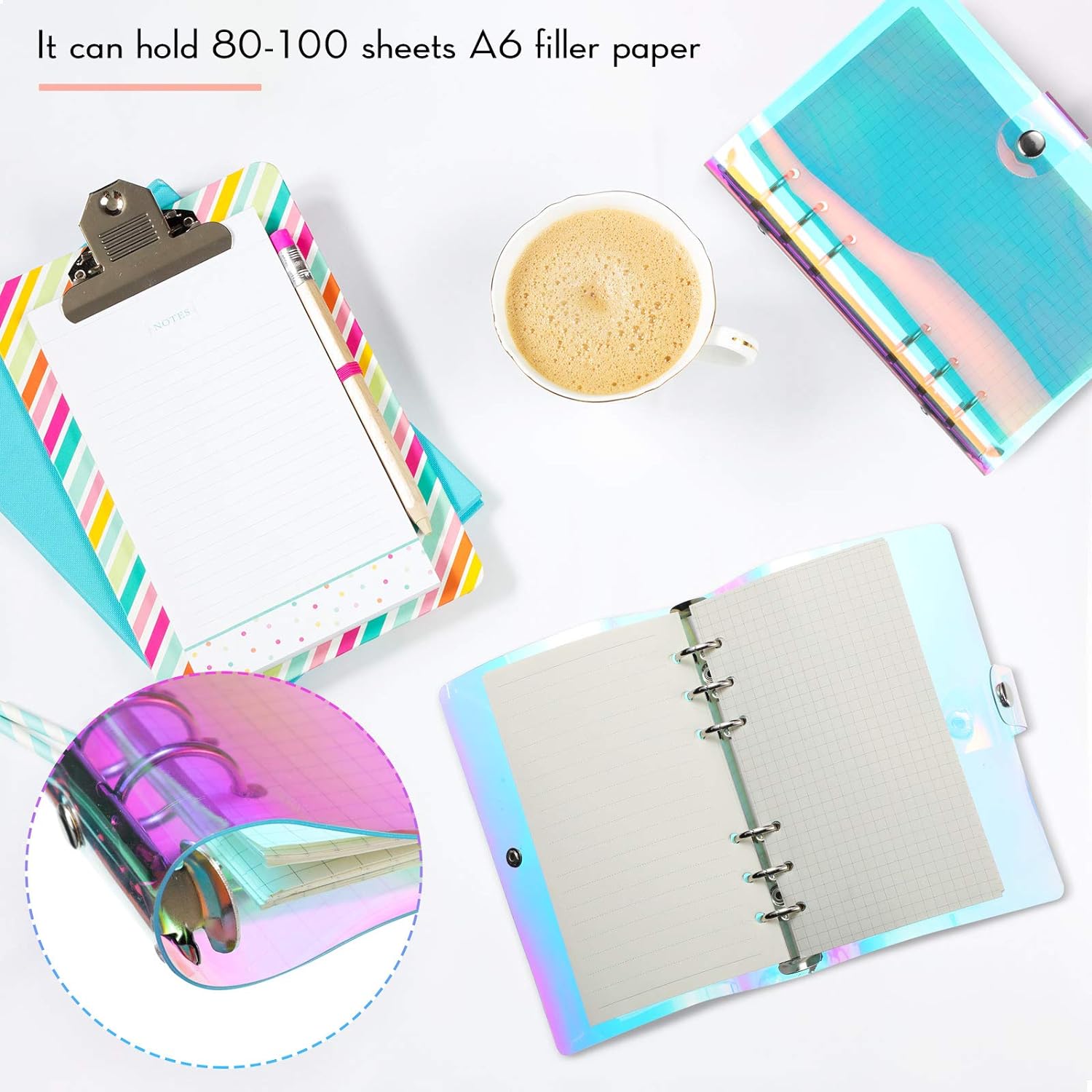 6 Pieces Rainbow Clear Notebook Binders 6-Ring Planner Binder Soft PVC Binder Transparent A6 Binder Cover Loose Leaf Personal Planner with Snap Button Closure