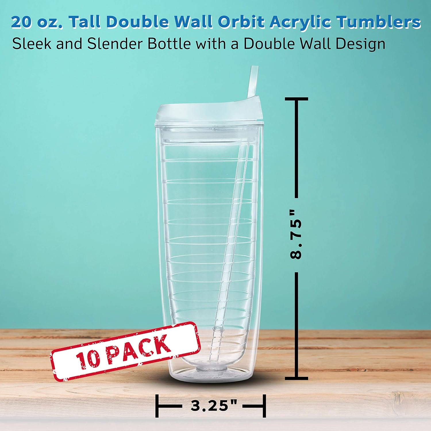 DISCOUNT PROMOS Tall Orbit Acrylic Tumblers 20 oz. Set of 10, Bulk Pack - Perfect for Iced Coffee, Soda, Other Hot & Cold Beverages - Clear - Blank - Clear 10 Count (Pack of 1)