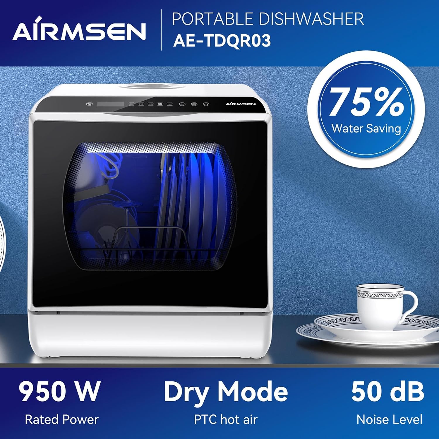 AIRMSEN AE-TDQR03 Portable Countertop Dishwasher, Compact Mini Dish Washer with 5-Liter Built-in Water Tank and Air-Dry Function, 5 Washing Programs, Baby Care, Glass & Fruit Wash-White/Black