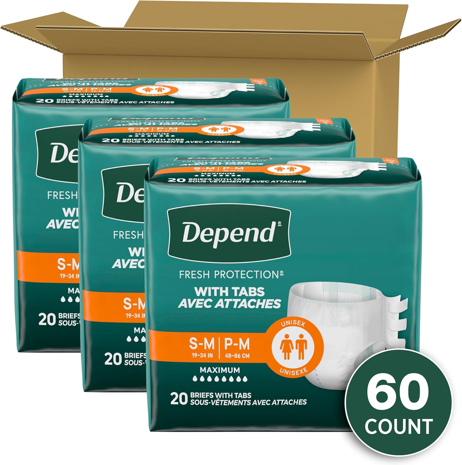 Depend Adult Diapers with Tabs, Incontinence Protection with Tabs, Unisex, Small/Medium (19–34