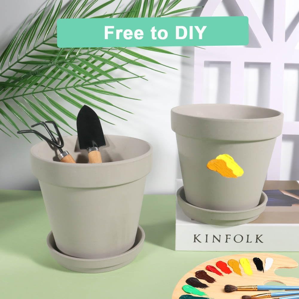 vensovo Grey Terracotta & Clay Pots with Saucer - 6 Pack 5 Inch Terra Cotta Pot Ceramic Pottery Planter Cactus Flowerpots Drainage Hole, Great for Plants, Crafts and Wedding Favor Gray