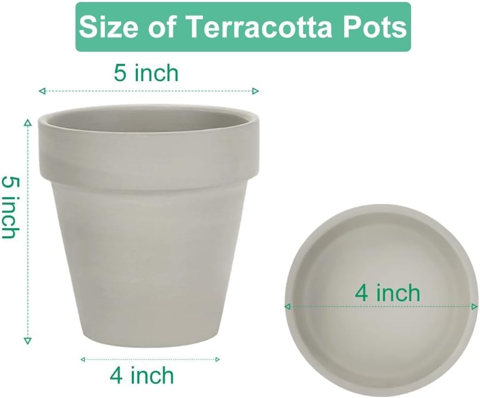vensovo Grey Terracotta & Clay Pots with Saucer - 6 Pack 5 Inch Terra Cotta Pot Ceramic Pottery Planter Cactus Flowerpots Drainage Hole, Great for Plants, Crafts and Wedding Favor Gray