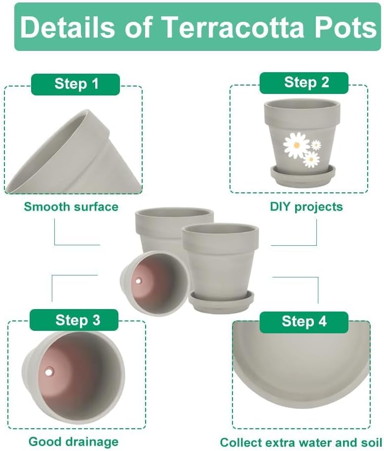 vensovo Grey Terracotta & Clay Pots with Saucer - 6 Pack 5 Inch Terra Cotta Pot Ceramic Pottery Planter Cactus Flowerpots Drainage Hole, Great for Plants, Crafts and Wedding Favor Gray