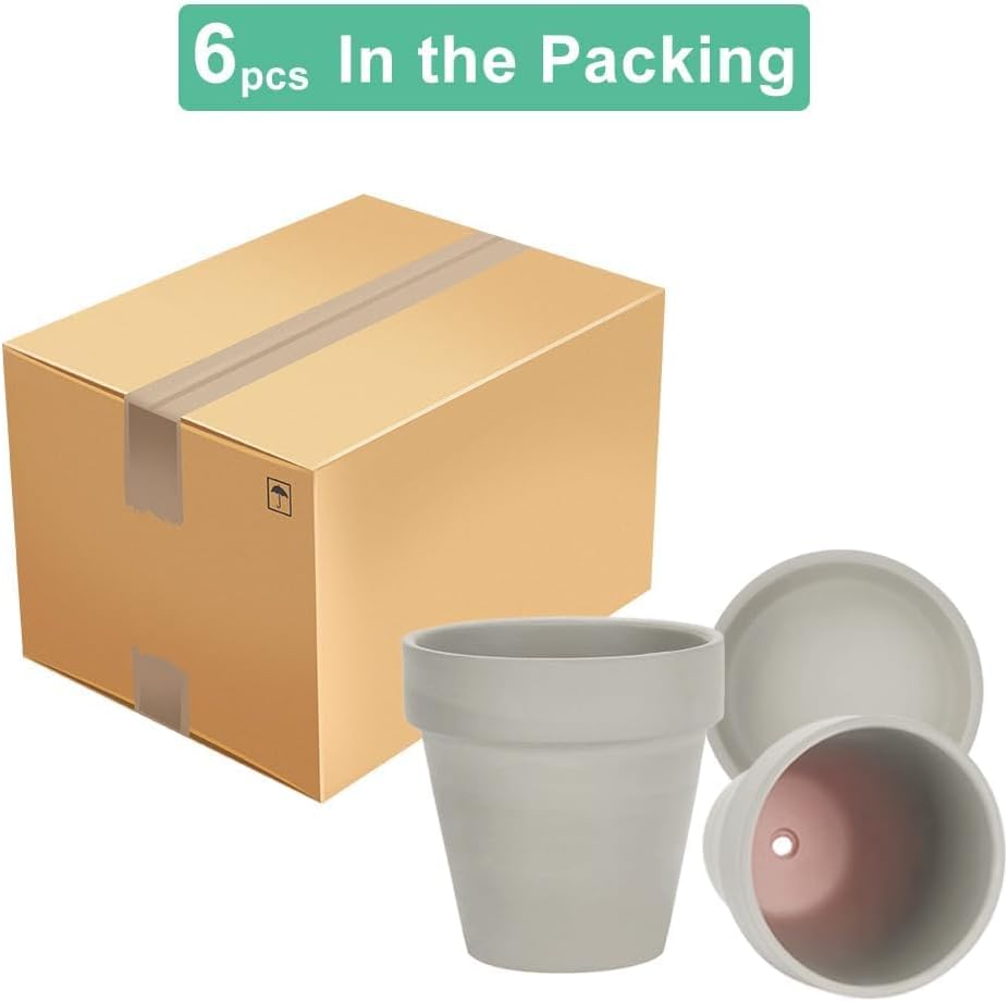 vensovo Grey Terracotta & Clay Pots with Saucer - 6 Pack 5 Inch Terra Cotta Pot Ceramic Pottery Planter Cactus Flowerpots Drainage Hole, Great for Plants, Crafts and Wedding Favor Gray