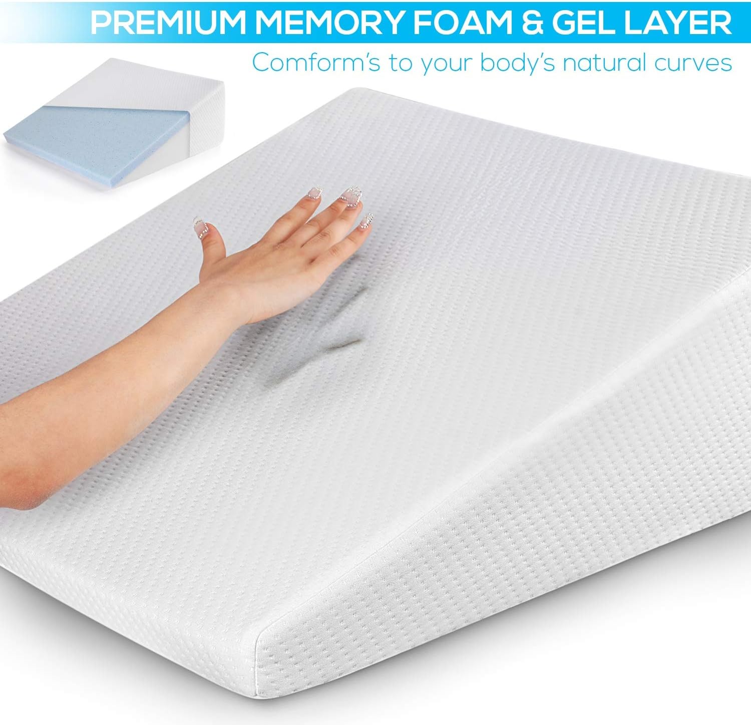 Healthex Bed Wedge Pillow Cooling Memory Foam Top – Elevated Support Cushion for Lower Back Pain, Acid Reflux, Heartburn, Allergies, Snoring – Ultra Soft Removable Cover