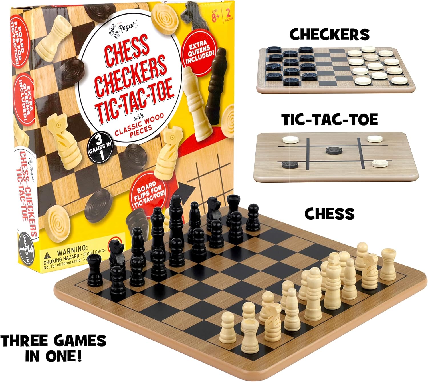 Regal Games - Reversible Wooden Board for Chess, Checkers & Tic-Tac-Toe - 24 Interlocking Wooden Checkers and 32 Standard Chess Pieces - for Age 8 to Adult for Family Fun 10,5 Inch - Reversible