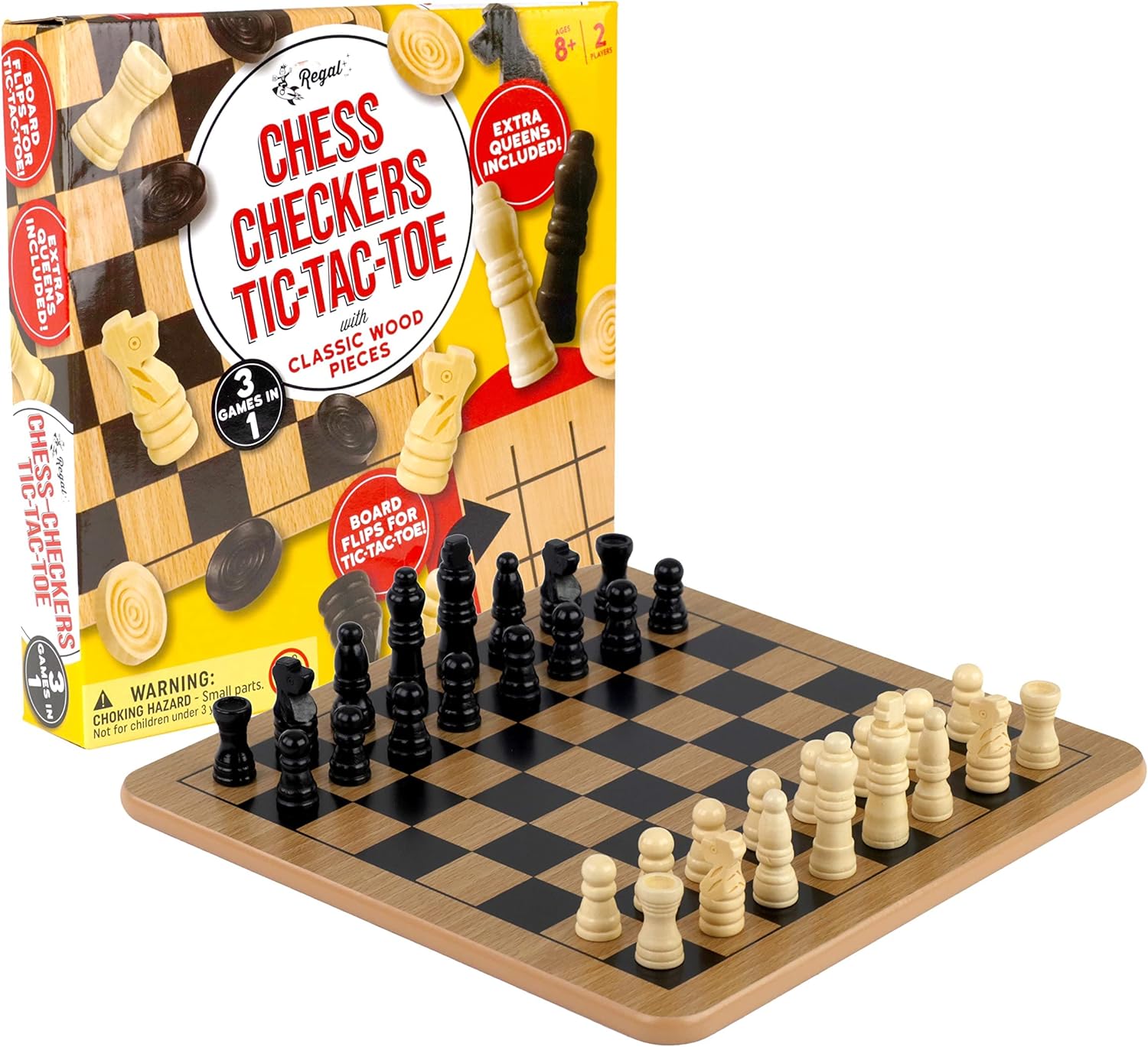 Regal Games - Reversible Wooden Board for Chess, Checkers & Tic-Tac-Toe - 24 Interlocking Wooden Checkers and 32 Standard Chess Pieces - for Age 8 to Adult for Family Fun 10,5 Inch - Reversible