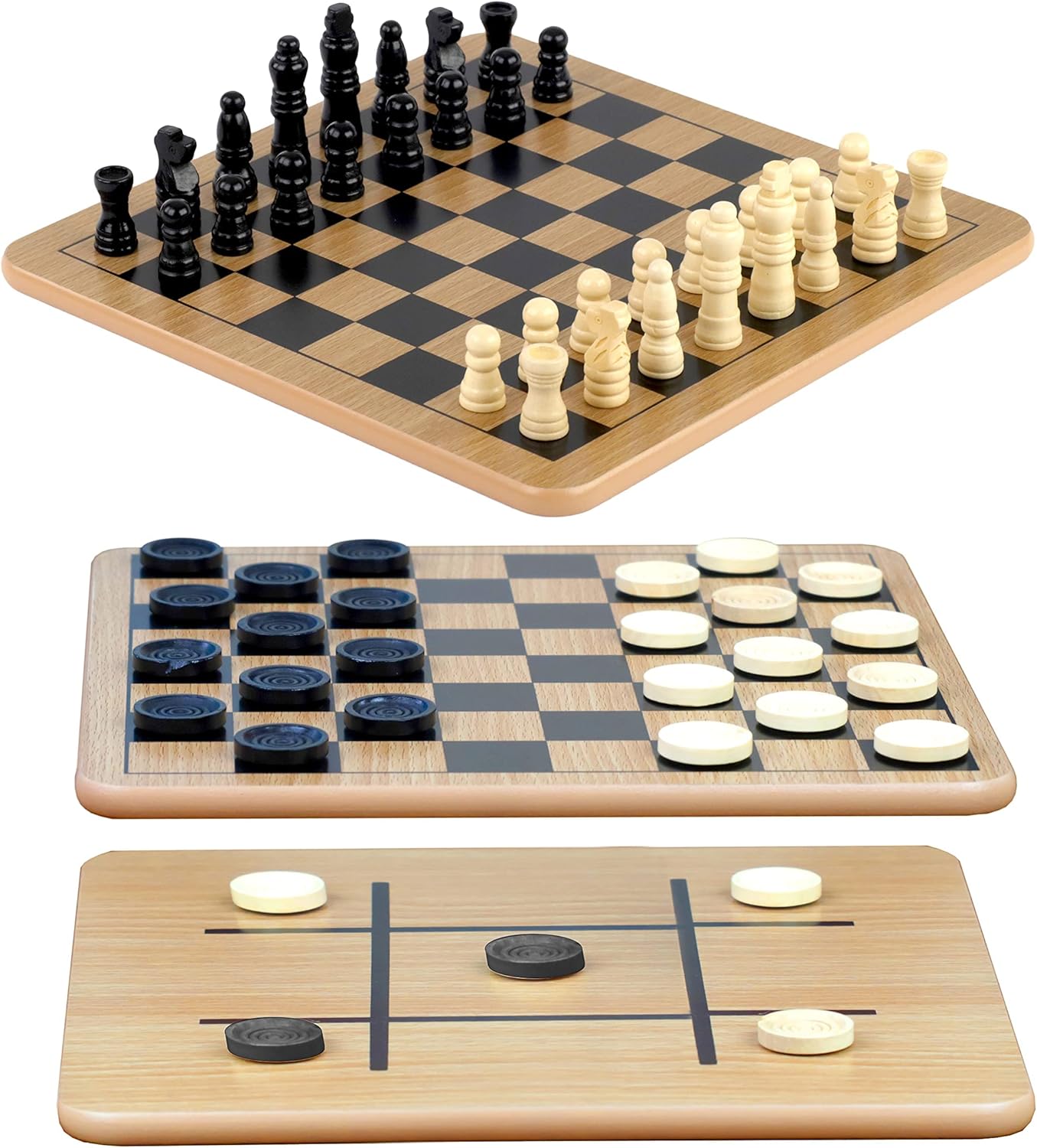 Regal Games - Reversible Wooden Board for Chess, Checkers & Tic-Tac-Toe - 24 Interlocking Wooden Checkers and 32 Standard Chess Pieces - for Age 8 to Adult for Family Fun 10,5 Inch - Reversible
