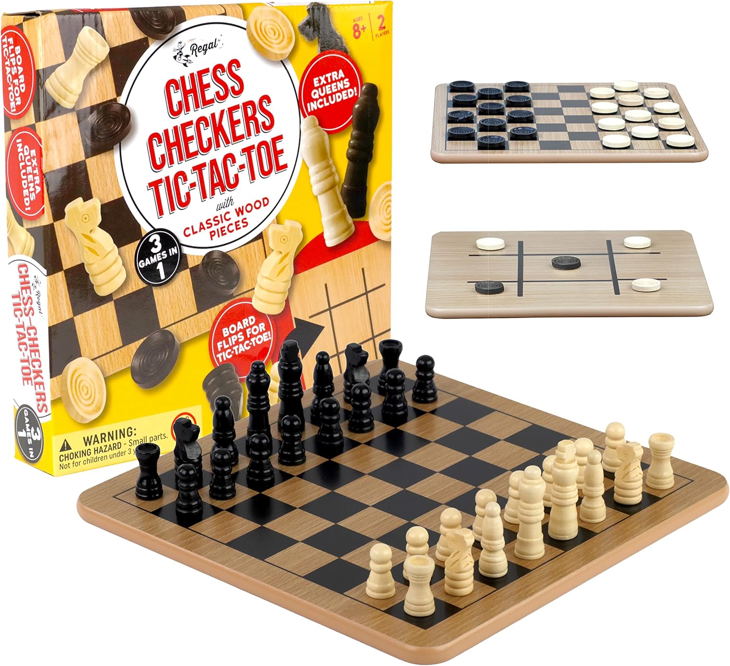 Regal Games - Reversible Wooden Board for Chess, Checkers & Tic-Tac-Toe - 24 Interlocking Wooden Checkers and 32 Standard Chess Pieces - for Age 8 to Adult for Family Fun 10,5 Inch - Reversible