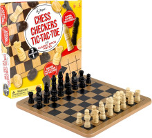 Regal Games - Reversible Wooden Board for Chess, Checkers & Tic-Tac-Toe - 24 Interlocking Wooden Checkers and 32 Standard Chess Pieces - for Age 8 to Adult for Family Fun 10,5 Inch - Reversible