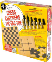 Regal Games - Reversible Wooden Board for Chess, Checkers & Tic-Tac-Toe - 24 Interlocking Wooden Checkers and 32 Standard Chess Pieces - for Age 8 to Adult for Family Fun 10,5 Inch - Reversible