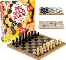 Regal Games - Reversible Wooden Board for Chess, Checkers & Tic-Tac-Toe - 24 Interlocking Wooden Checkers and 32 Standard Chess Pieces - for Age 8 to Adult for Family Fun 10,5 Inch - Reversible