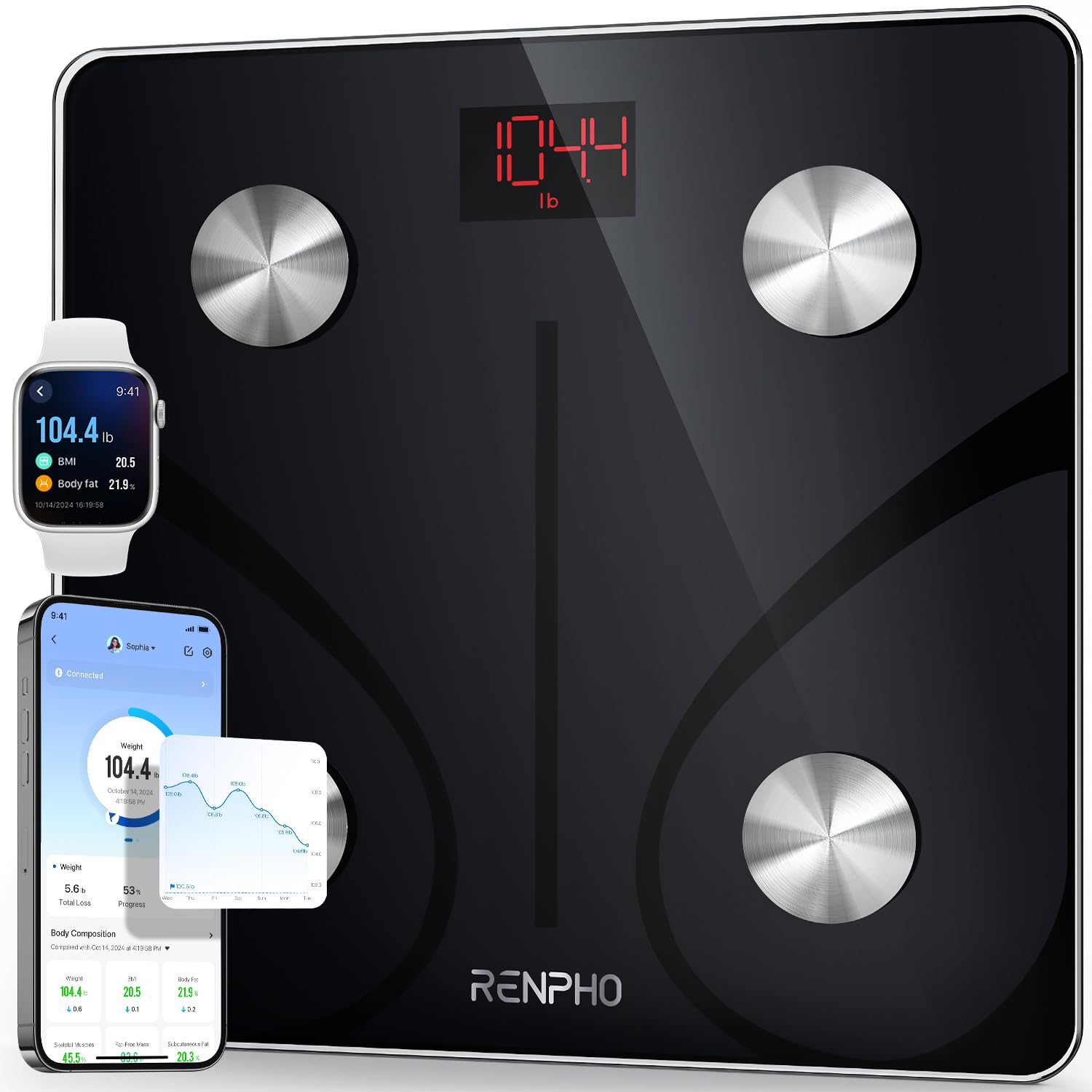 RENPHO Smart Scale for Body Weight, Digital Bathroom Scale BMI Weighing Bluetooth Body Fat Scale, Body Composition Monitor Health Analyzer with Smartphone App, 400 lbs - Elis 1 Black 11