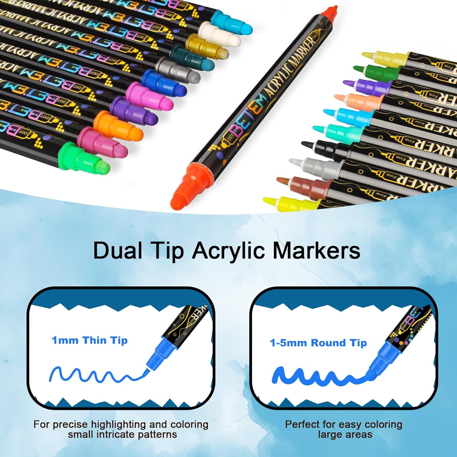 Betem 24 Colors Dual Tip Acrylic Paint Pens Markers, Premium Acrylic Paint Pens for Wood, Canvas, Stone, Rock Painting, Glass, Ceramic Surfaces, DIY Crafts Making Art Supplies 24 Colors Paint Markers