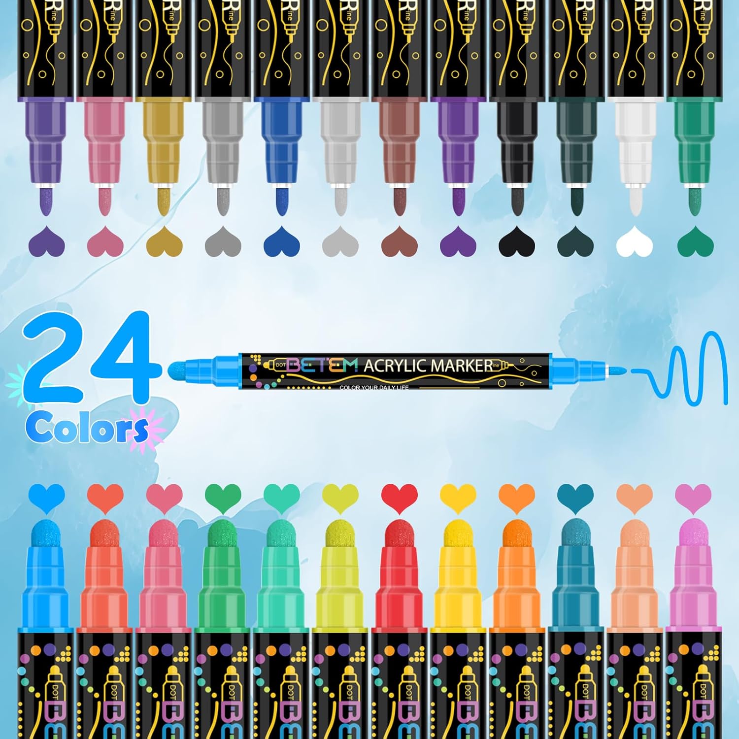 Betem 24 Colors Dual Tip Acrylic Paint Pens Markers, Premium Acrylic Paint Pens for Wood, Canvas, Stone, Rock Painting, Glass, Ceramic Surfaces, DIY Crafts Making Art Supplies 24 Colors Paint Markers