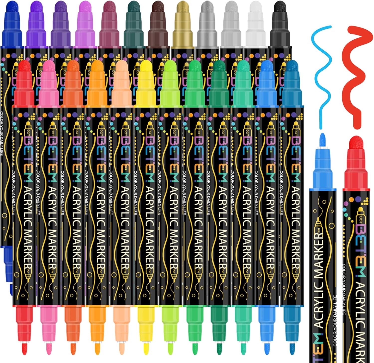 Betem 24 Colors Dual Tip Acrylic Paint Pens Markers, Premium Acrylic Paint Pens for Wood, Canvas, Stone, Rock Painting, Glass, Ceramic Surfaces, DIY Crafts Making Art Supplies 24 Colors Paint Markers