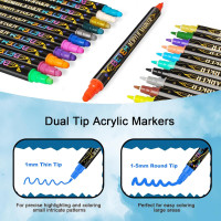 Betem 24 Colors Dual Tip Acrylic Paint Pens Markers, Premium Acrylic Paint Pens for Wood, Canvas, Stone, Rock Painting, Glass, Ceramic Surfaces, DIY Crafts Making Art Supplies 24 Colors Paint Markers