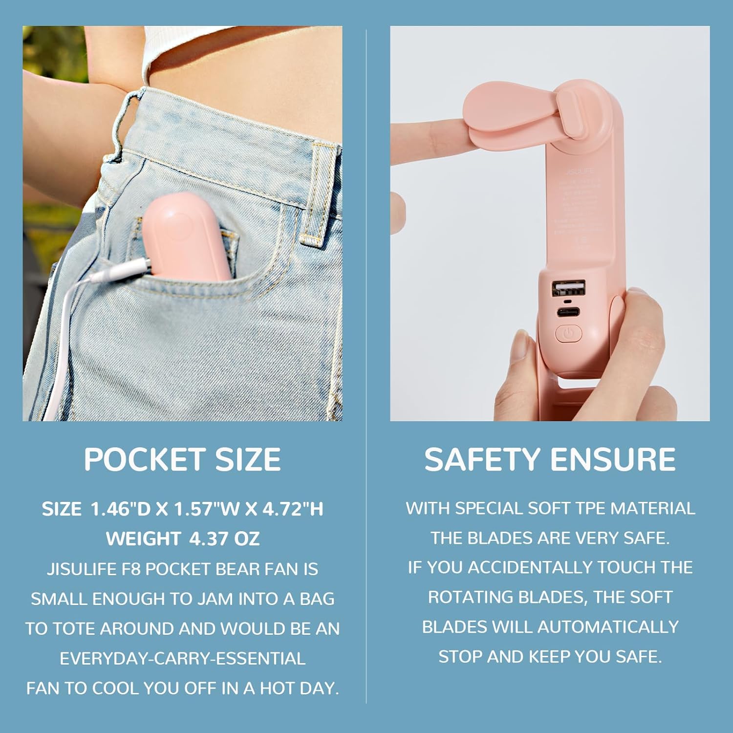 JISULIFE Handheld Mini Fan, 3 IN 1 USB Rechargeable Portable Fan [12-19 Working Hours] with Power Bank, Flashlight, Pocket Design for Travel/Summer/Concerts/Lash, Gifts for Women (Pink)