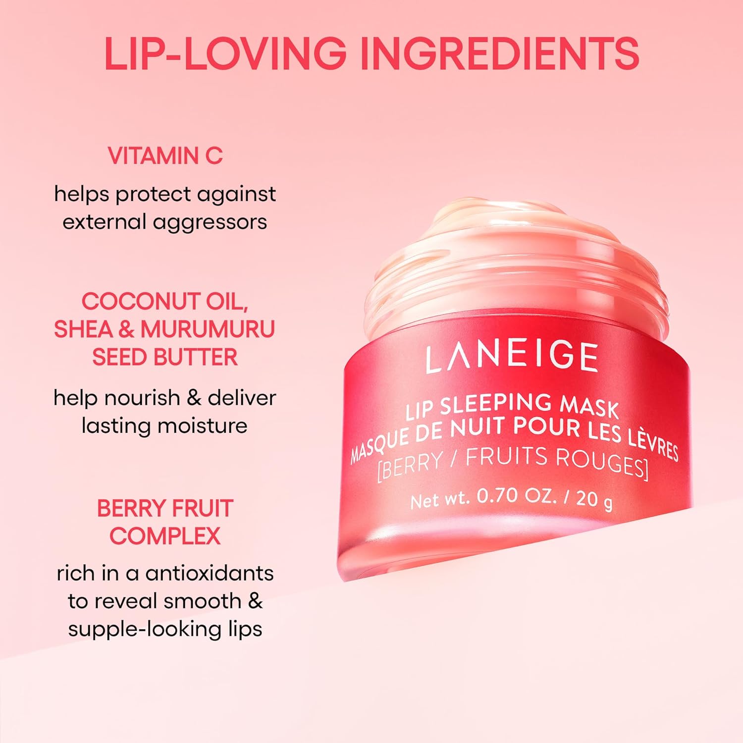 LANEIGE Lip Sleeping Mask: Nourish, Hydrate, Vitamin C, Murumuru & Shea Butter, Antioxidants, Flaky, Dry Lips Berry
