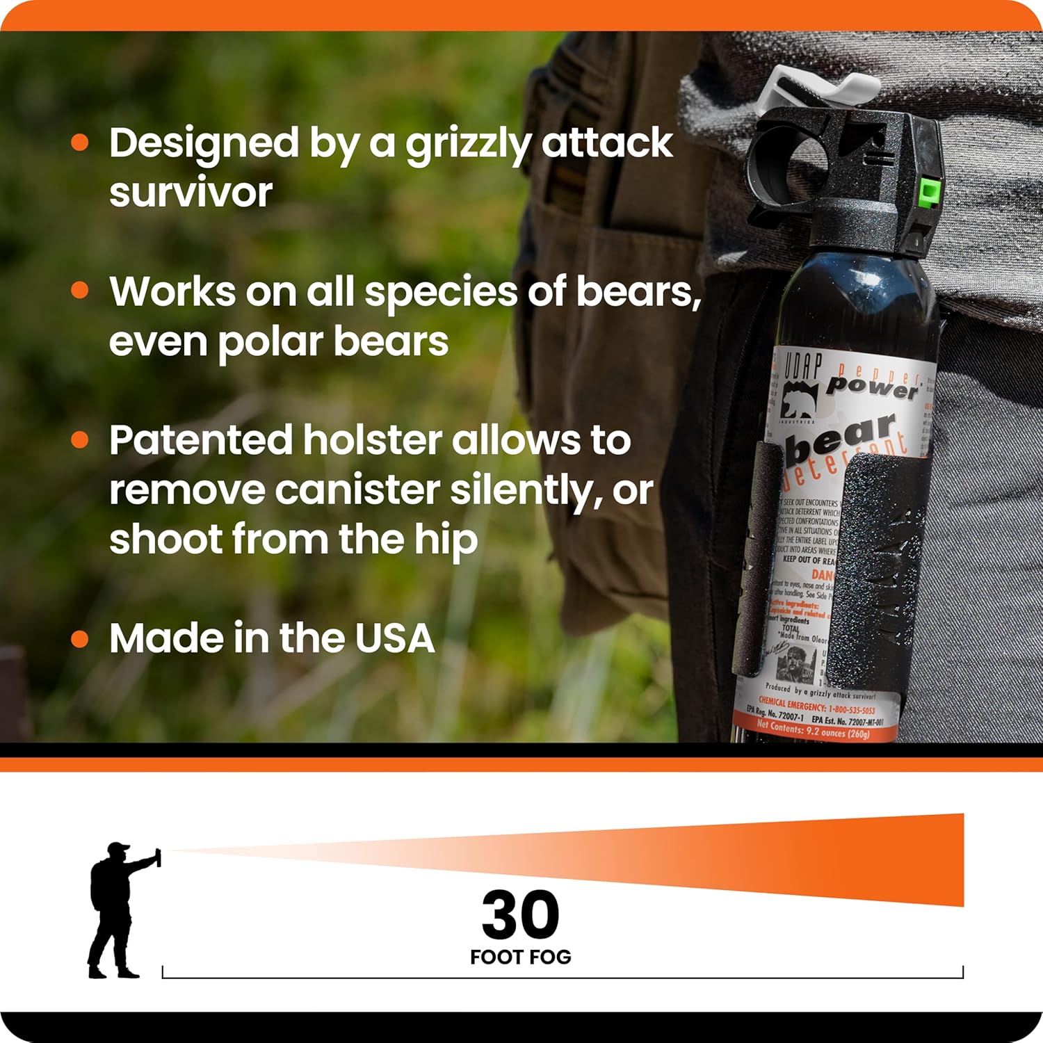 UDAP 15DCH Pepper Power Magnum Bear Spray Self Defense Deterrent with Griz Guard Holster for Camping, Hiking, Fishing, Powerful Blast Pattern, 30 ft Fog Barrier, 9.2 oz, 2 Pack