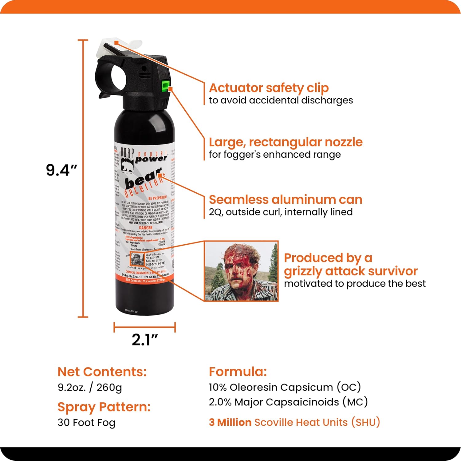UDAP 15DCH Pepper Power Magnum Bear Spray Self Defense Deterrent with Griz Guard Holster for Camping, Hiking, Fishing, Powerful Blast Pattern, 30 ft Fog Barrier, 9.2 oz, 2 Pack