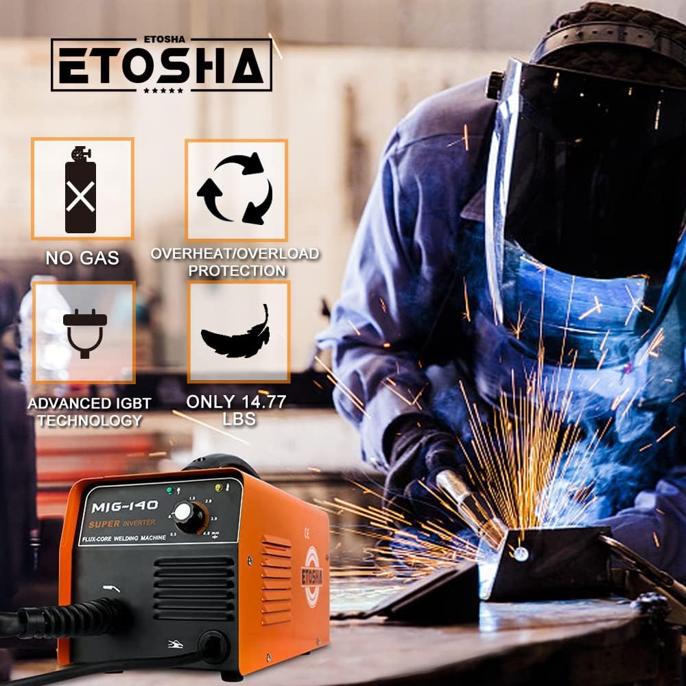ETOSHA 140Amp MIG Welder, Flux Core Welder AC 110V Gasless Welding Machine with IGBT Inverter, Automatic Wire Feed Welders Portable Metal Welder No Gas 110 Voltage 140A Compact Welder with Welding Gun MIG 140