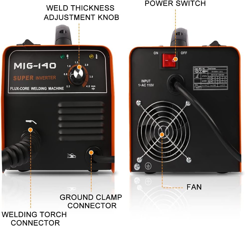 ETOSHA 140Amp MIG Welder, Flux Core Welder AC 110V Gasless Welding Machine with IGBT Inverter, Automatic Wire Feed Welders Portable Metal Welder No Gas 110 Voltage 140A Compact Welder with Welding Gun MIG 140