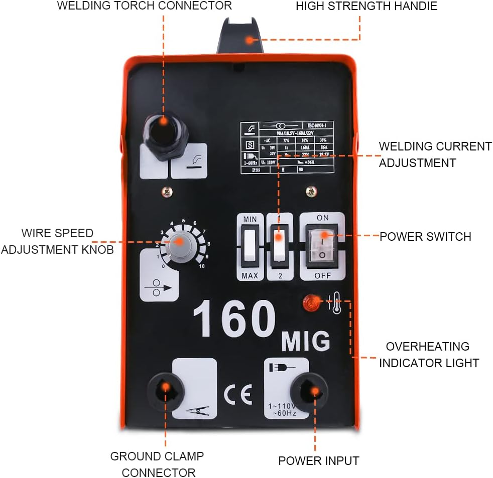 ETOSHA MIG Welder 160A Portable Welding Machine, Flux Core Wire Gasless Automatic Wire Feeding Welders, 110V AC Wire Feed Welder with Welding Gun, Grounding Clamp, Input Power Adapter Cable and Brush