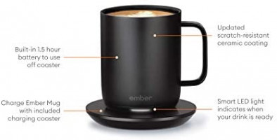 NEW Ember Temperature Control Smart Mug 2, 10 oz, Black, 1.5-hr Battery Life - App Controlled Heated Coffee Mug - Improved Design: Kitchen & Dining