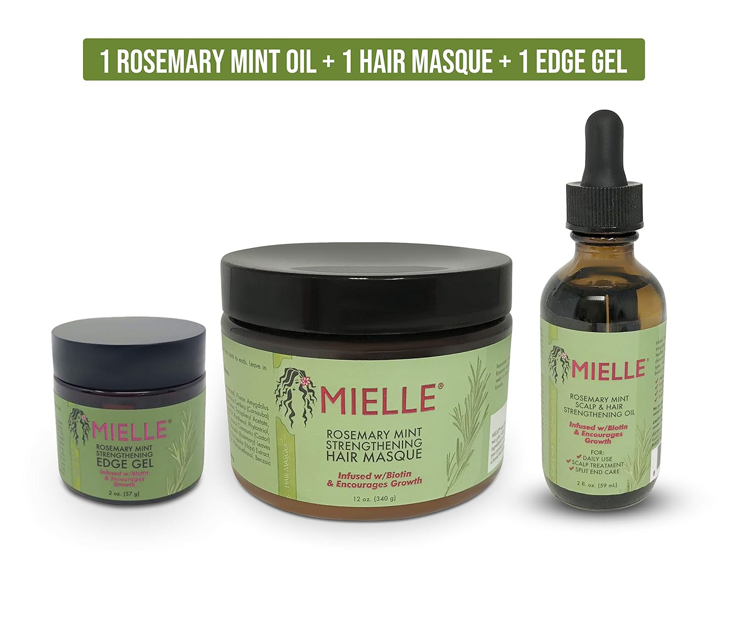 Mielle Organics Rosemary Mint Growth Oil 2 oz, Strengthening Hair Masque 12 oz, and Strengthening Edge Gel 2 oz,For stronger and healthier hair