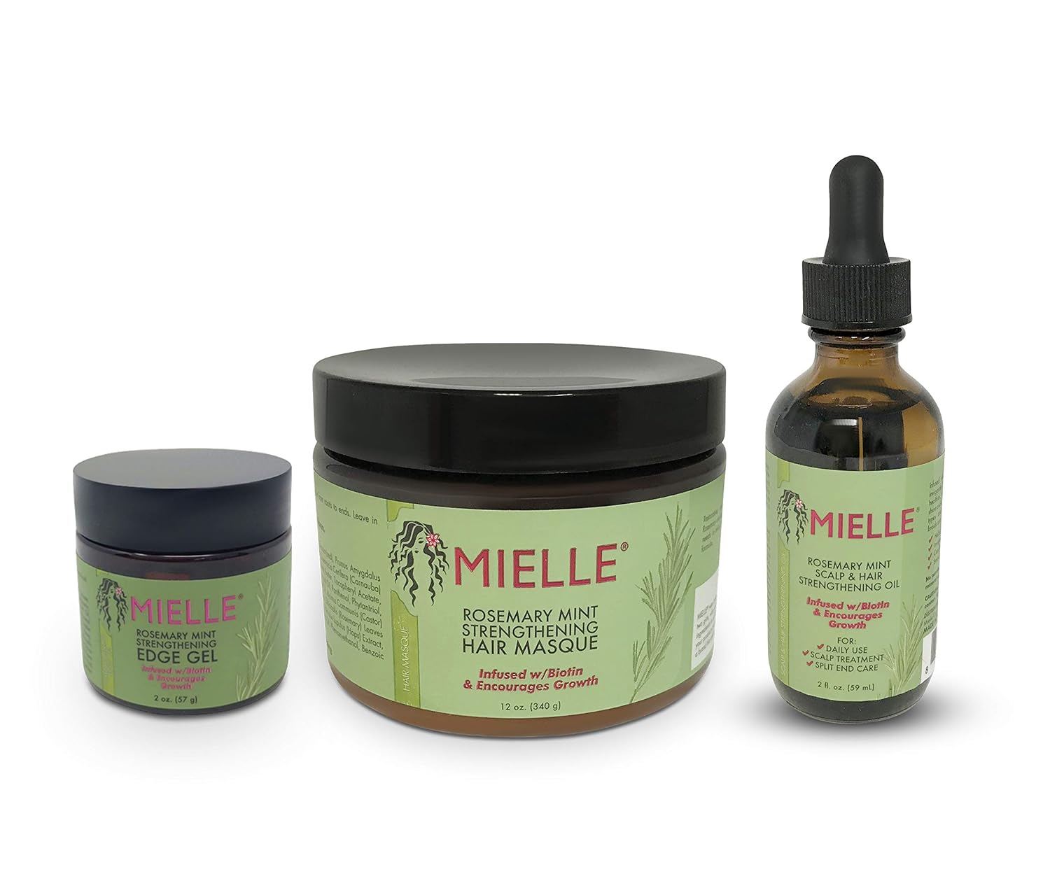 Mielle Organics Rosemary Mint Growth Oil 2 oz, Strengthening Hair Masque 12 oz, and Strengthening Edge Gel 2 oz,For stronger and healthier hair