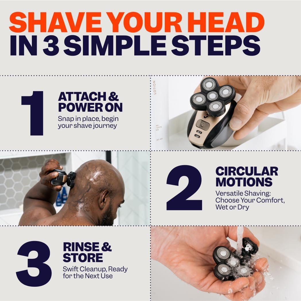 FlexSeries Electric Head & Body Hair Shaver - Mens Cordless Rechargeable Wet/Dry Skull Bald Head Back & Groin Waterproof Razor with Rotary Blades, Clippers, Nose Trimmer, Brush, Massager