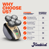The FlexSeries Electric Head Hair Shaver - Freebird - Ultimate Mens Cordless Rechargeable Wet/Dry Skull & Bald Head Waterproof Razor with Rotary Blades, Clippers, Nose Trimmer, Brush, Massager