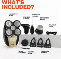 The FlexSeries Electric Head Hair Shaver - Freebird - Ultimate Mens Cordless Rechargeable Wet/Dry Skull & Bald Head Waterproof Razor with Rotary Blades, Clippers, Nose Trimmer, Brush, Massager