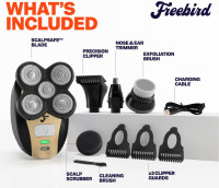 FlexSeries Electric Head & Body Hair Shaver - Mens Cordless Rechargeable Wet/Dry Skull Bald Head Back & Groin Waterproof Razor with Rotary Blades, Clippers, Nose Trimmer, Brush, Massager
