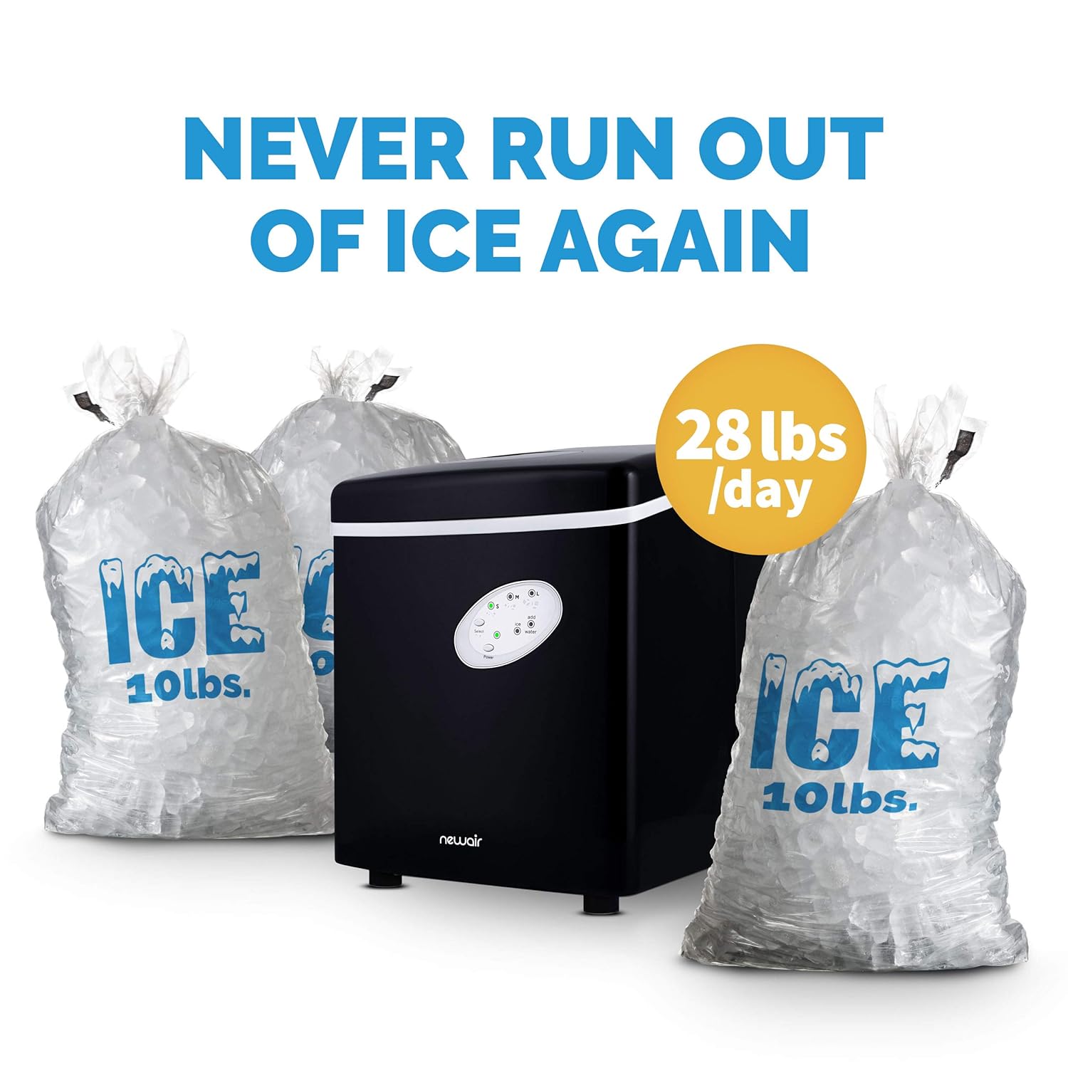 NewAir Counter Top Ice Maker Machine (Black), Compact Automatic Ice Maker, Cubes Ready in 6 Minutes, 28 Pounds in 24 Hours - Perfect for Home/Kitchen/Office/Bar