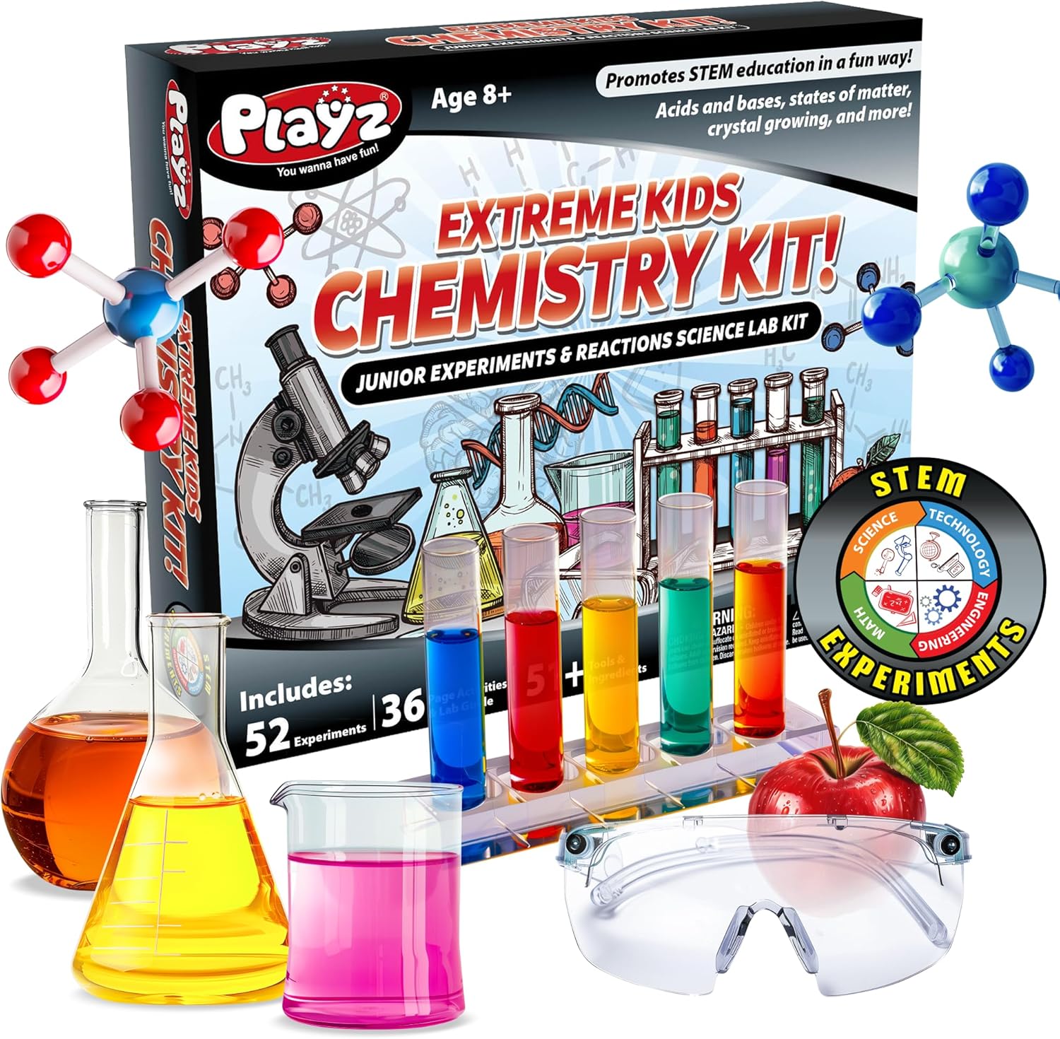 Playz 52 Extreme Chemistry Experiments Set - STEM Activities & Science Kits for Kids Age 8-12 with 51+ Tools - Discovery Science Educational Toys & Gifts