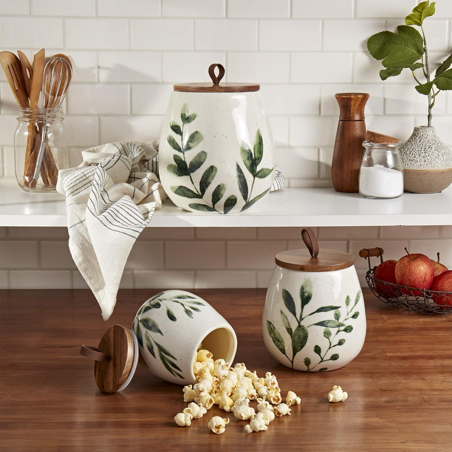 TTU Tabletops Gallery Ceramic Canister Collection- Stoneware Designed Kitchen Storage Acacia Wood White Set, 3 Piece Green Leaf Canister Set GREEN LEAF CANISTERS